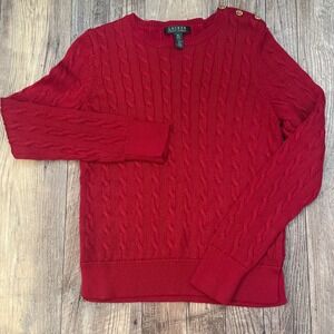 Lauren‎ Ralph Lauren Red Cable Knit Crew Neck Sweater Gold Button Detail Size M